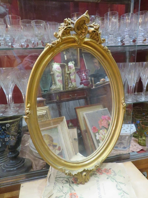 ancien petit miroir glace en bois & stuc doré epoque 1900 medaillon ovale st LXV