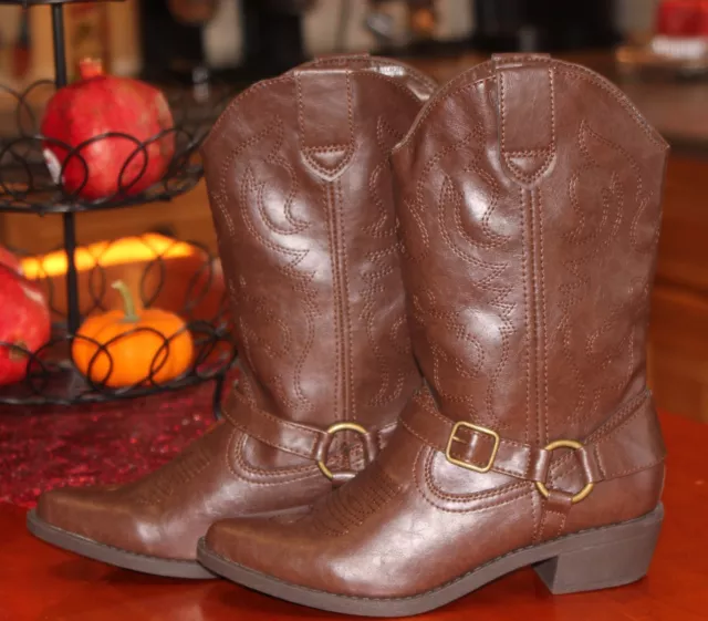 Brown Cowboy Boots SO Faux Leather Womens Ladies Western Buckle Size 6.5 6 1/2