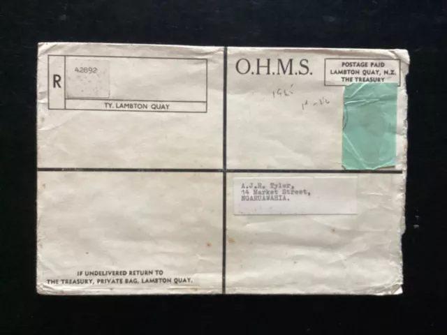 NZ 1960s The Treasury, OHMS, Postage Paid Registered Cover Lambton Quay (NZF260)