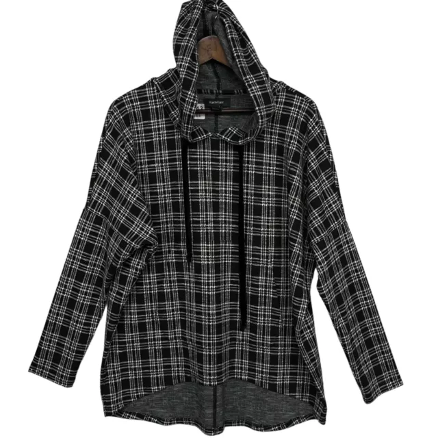 Karen Kane Pullover Hoodie Women Size M Black Plaid Pocket Short Sleeve Sweater