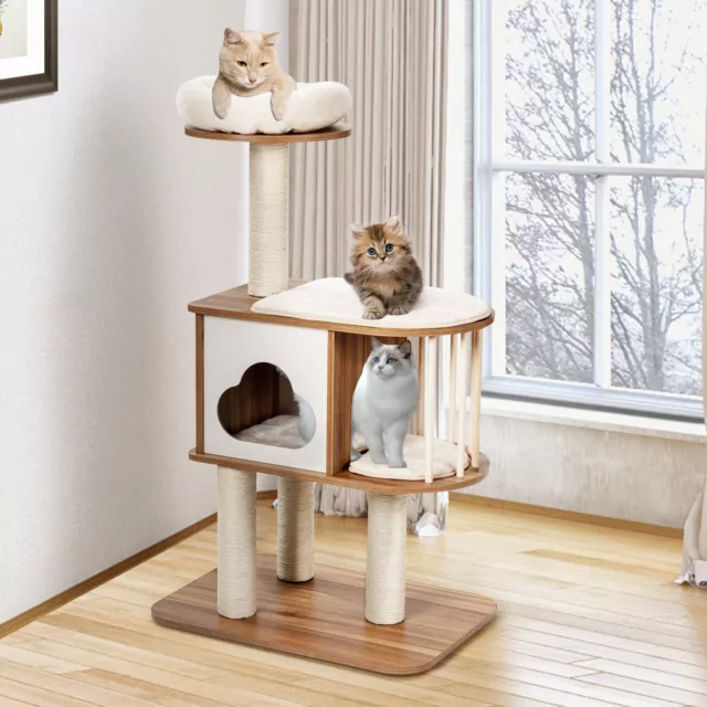 117cm Wooden Cat Tree Tower 4-Tier Cat Climbing Stand w/ Sisal Scratching Posts