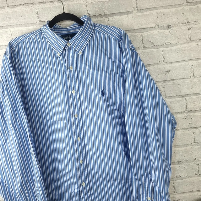 Camicia da uomo Ralph Lauren taglia XL XXL blu tenda da sole bianca a righe logo a maniche lunghe