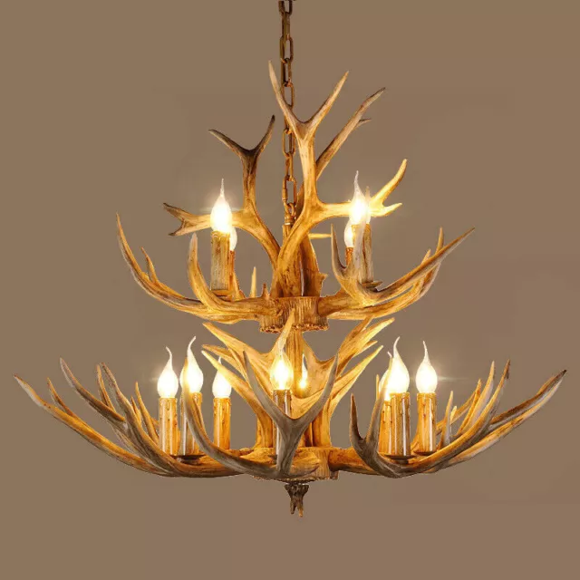 Retro Resin Antler Chandelier Lodge Deer Horn Ceiling Pendant Lighting Fixture 2