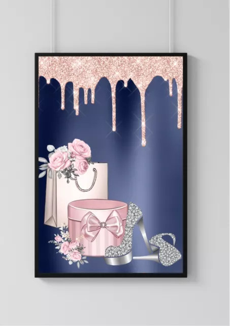 Navy Blue Glam Print Glitter Blush Pink Picture Fashion Wall Art Bedroom A4