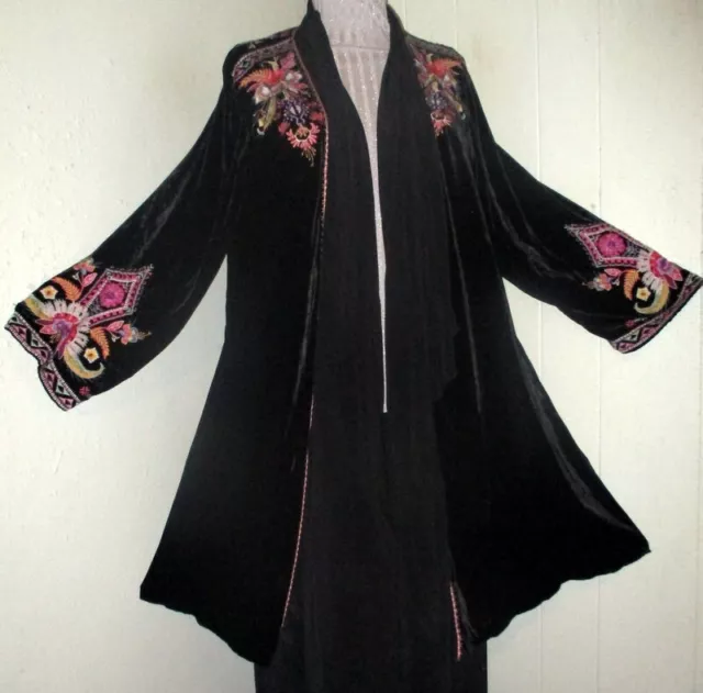 Johnny Was Embroidered ARt to Wear Black Silk Velvet Kimono Jacket XL B50 Lovely