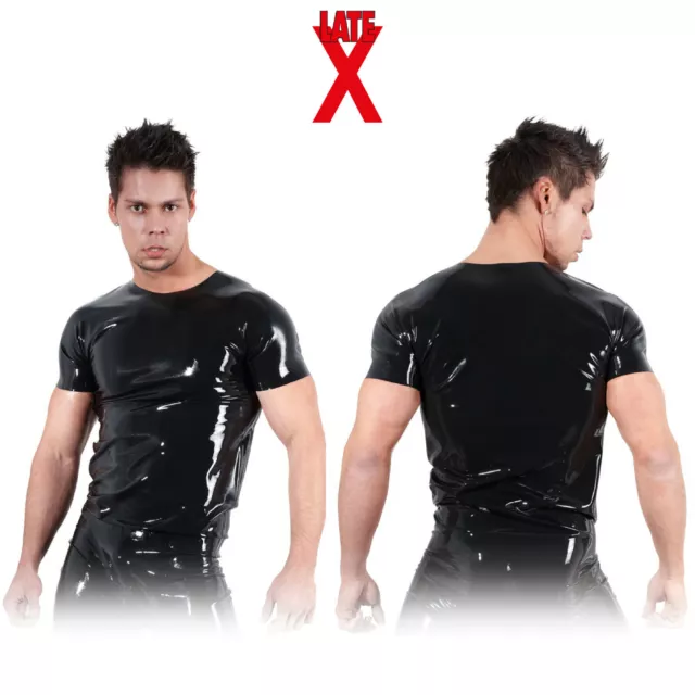 Late X - Black Fitted Sexy Natural Latex Men's T Shirt Maglietta in Lattice Nero