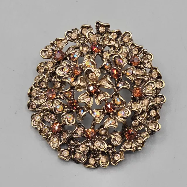 Floral Dome Brooch Pin Root Beer Rhinestone AB Crystal Brass Tone 2"