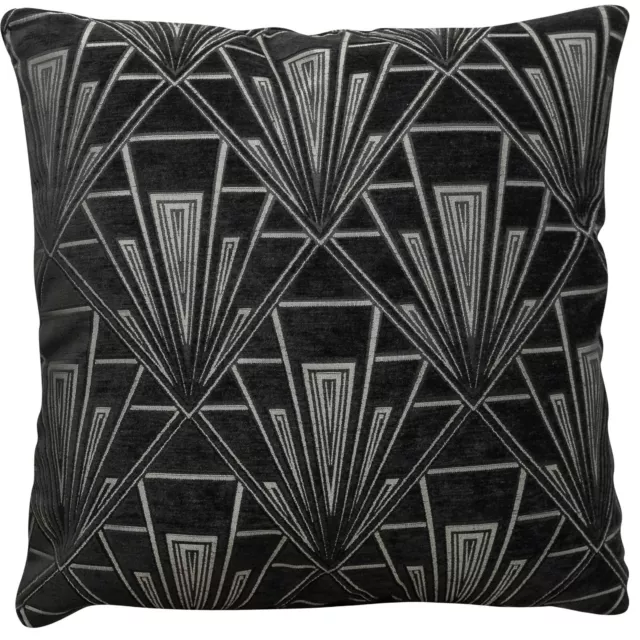 XL Art Deco Cushion. Luxury Velvet Chenille. Black and Silver Geometric Design.