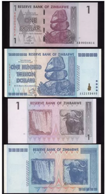 ZIMBABWE /Simbabwe: 1 $ & 100 TRILLION BANKNOTE TRILLIONEN (= 100 BILLIONEN) UNC