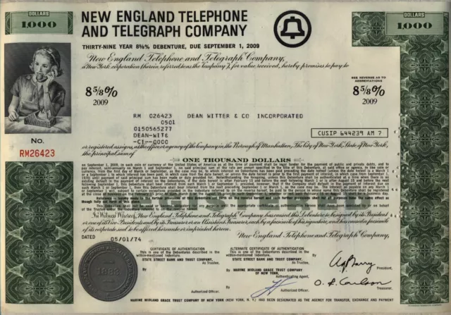 $1,000 New England Telephone & Telegraph Company Bond Stock Certificate