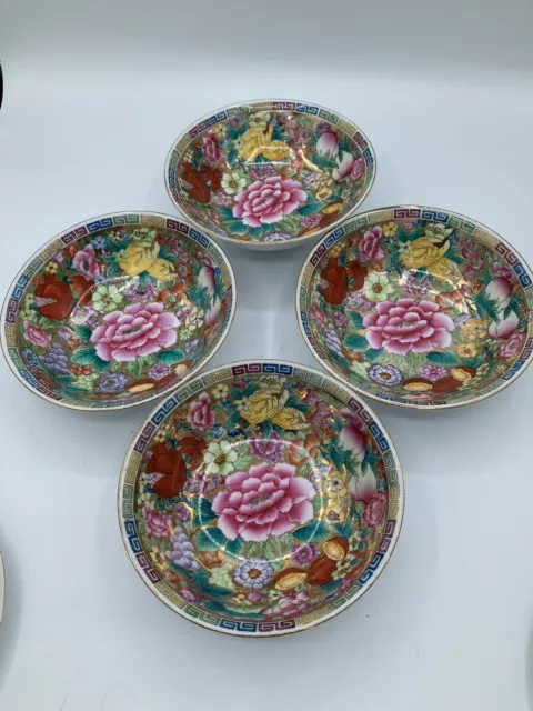 set of 4 Chinese classic bowls hundreds of flowers pattern porcelain gold gild