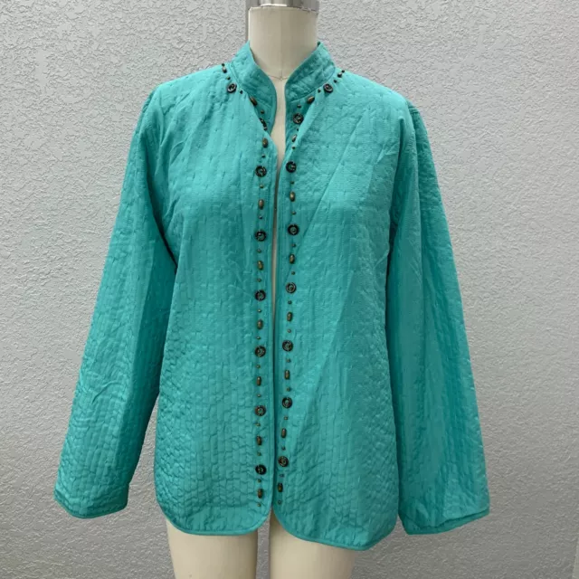 Alfred Dunner Beaded Cardigan Jacket Women's 14 Turquoise Open Front Long Sleeve