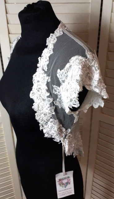 TERRY FOX London Giacca Bolero Fatta a mano in Pizzo/Paillettes UK 8