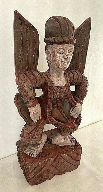 Asian Burmese/Thai/Bali Dancer Buddha 20.5" Hand Carved Wooden Statue Vintage