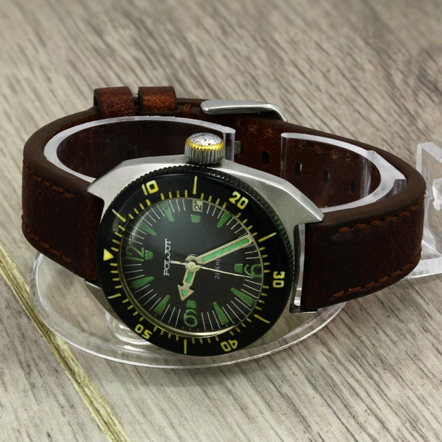 Montre Mécanique Vintage Poljot Homme - Réf. 6223, Années 80, Cadran Argenté, Cuir Noir