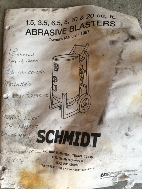 Schmidt Abrasive Blasters 1997 Owners Manual