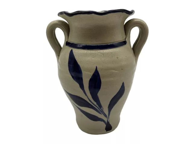 Williamsburg Salt Glaze Pottery Cobalt Blue Floral Fern Leaf Double Handle VASE