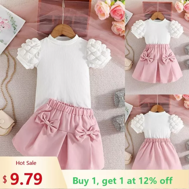 Baby Girls Short Sleeve Cute Round Neck Solid T-shirts Top + Skirts Dresses Sets