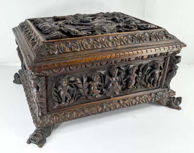 Antique Baroque Carved Italian Oak Miniature Cassone Chest Casket Box w/ Figures