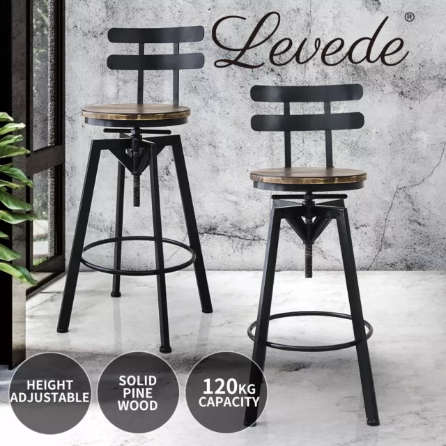 Levede 1x Bar Stool Industrial Adjustable Swivel Stools Back Wood Counter Chairs