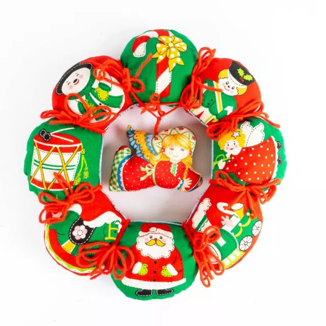 Vintage Handmade Fabric Stuffed Christmas Wreath Santa Drum Angel Candy Cane 15”
