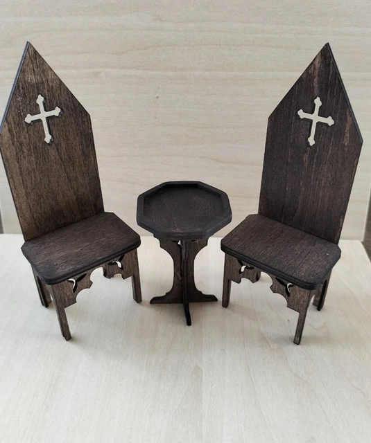 DOLLS HOUSE FURNITURE 1/12 scale 2 Gothic Tudor Chairs + Gothic Side