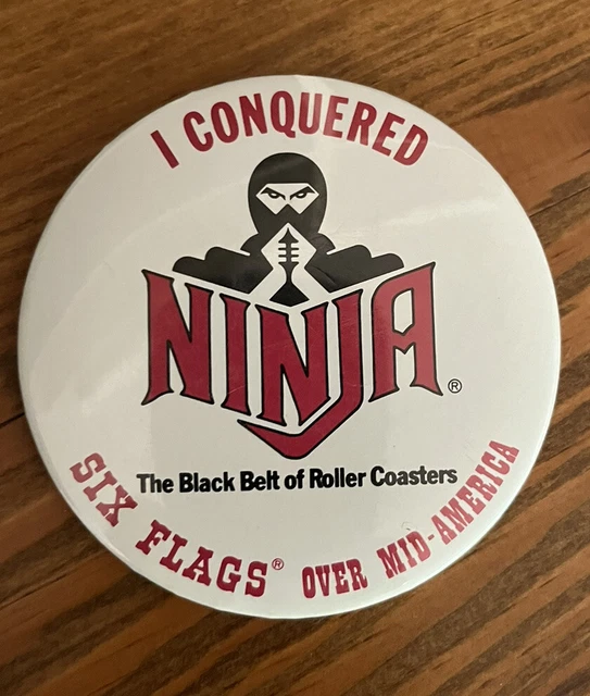 Vintage 1990 Six Flags Mid America Ninja Rollercoaster Pinback Button 3"