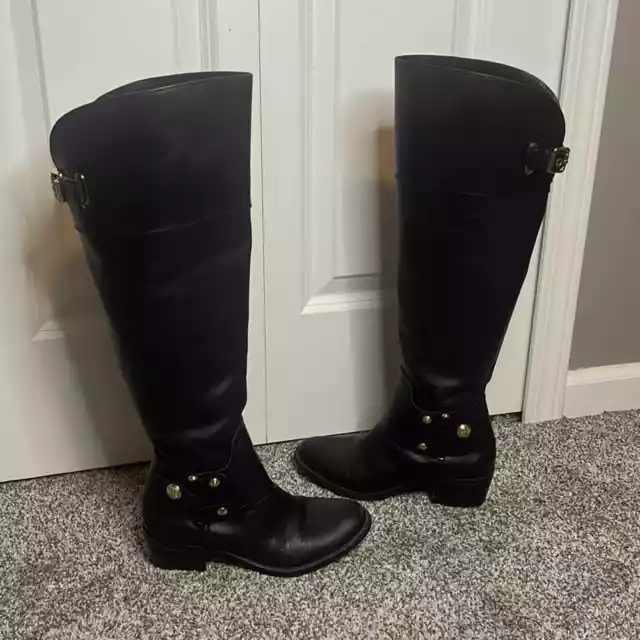 Vince Camuto Size 6.5 Brooklee Riding Boots Black Leather Over The Knee Buckles