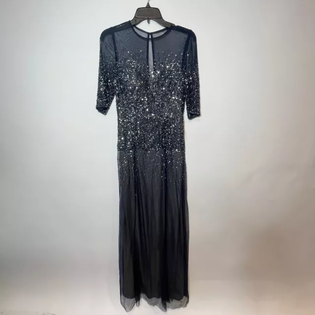 Adrianna Papell Sequins Beaded Sheer Cocktail Evening Dress Navy Blue 6 Mesh