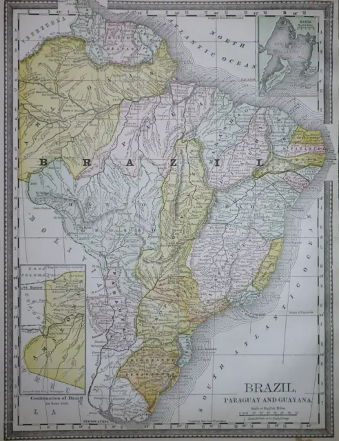 1890 McNally Atlas Map ~ BRAZIL - PARAGUAY ~ (10x13)  ~ Free S&H  #626
