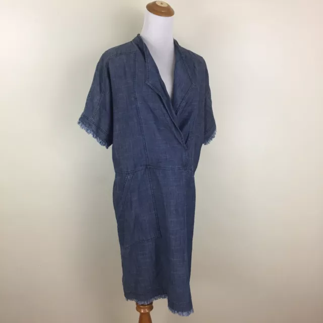 NEW TRINA TURK Womens sz Medium Blue Linen Blend Raw Hem & Sleeve Chambray Dress