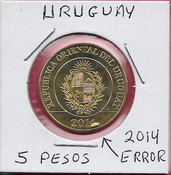 Uruguay 5 Pesos Uruguayos 2014 Unc Error Coin,Rhea (Nandu),Arms In Circle,Date B