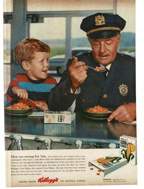 1956 Kellogg's Corn Flakes Cereal young boy breakfast with policeman Print Ad