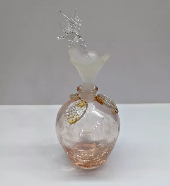 Vintage L Pink Crackle Glass Perfume Bottle w Frosted Glass Hummingbird Stopper