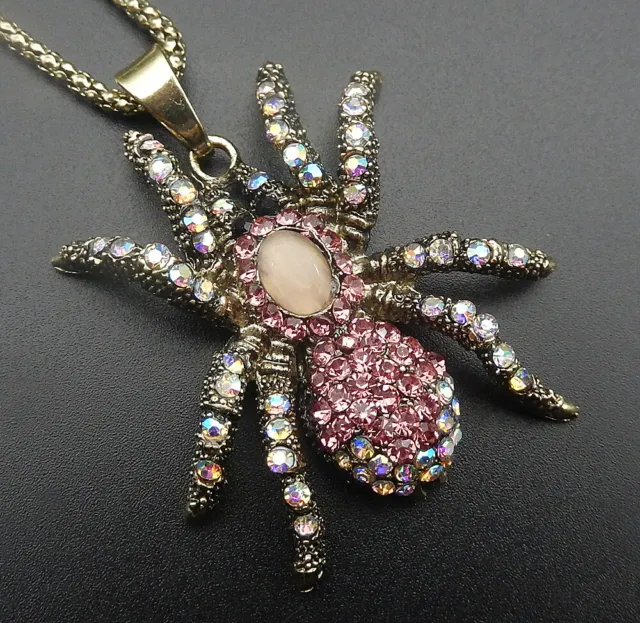 Betsey Johnson AB Pink Crystal Rhinestone Spider Pendant Sweater Necklace