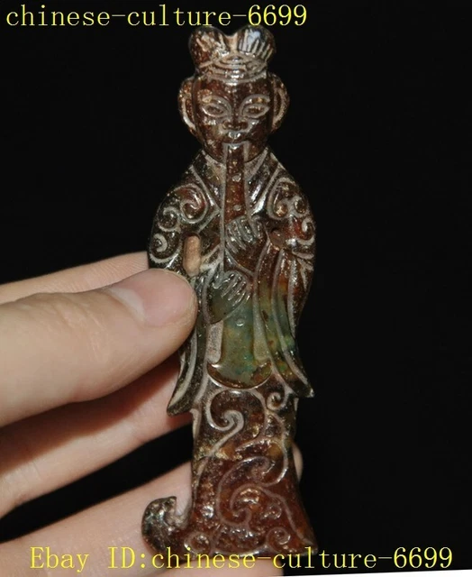 2.8" China Old jade carved lucky sacrifice piper people statue amulet