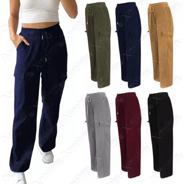 Ladies Flare Wide Leg Trousers Cargo Combat Pockets Stretch Casual Womens Pants