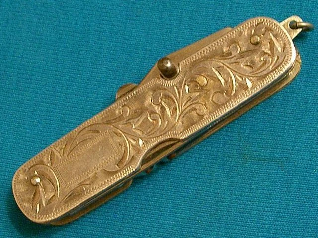 Antique Oriental Japan Engraved Sterling Silver Pocket Watch Fob Knife Vintage