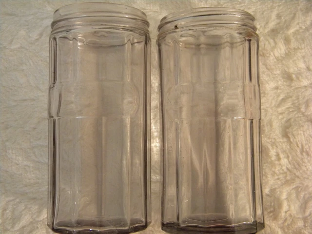 vintage 2 Hoosier ribbed glass spice jars no lids - turning purple