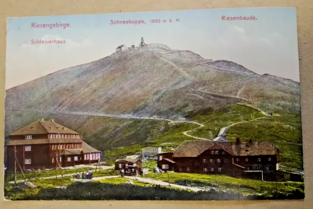 Ak. Schneekoppe im Riesengebirge (Schlesien)- Schlesierhaus & Riesenbaude 1924