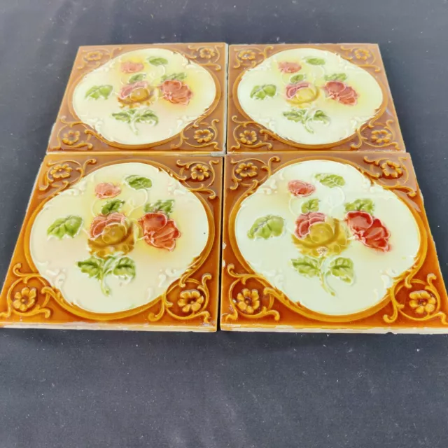 Vintage H&R Johnson Ltd Majolica Nouveau Architecture Furniture Tile 4Pc England 4