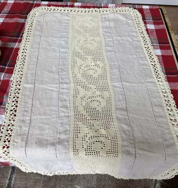 Doily/ Runner Linen Hemp Flax Crocheted Center And Edge Trim Handmade, Vintage