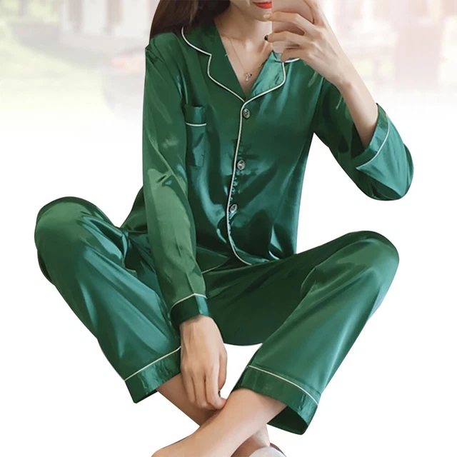 1 set pigiami donna imitazione seta maniche lunghe bottone biancheria da notte pantaloni per il