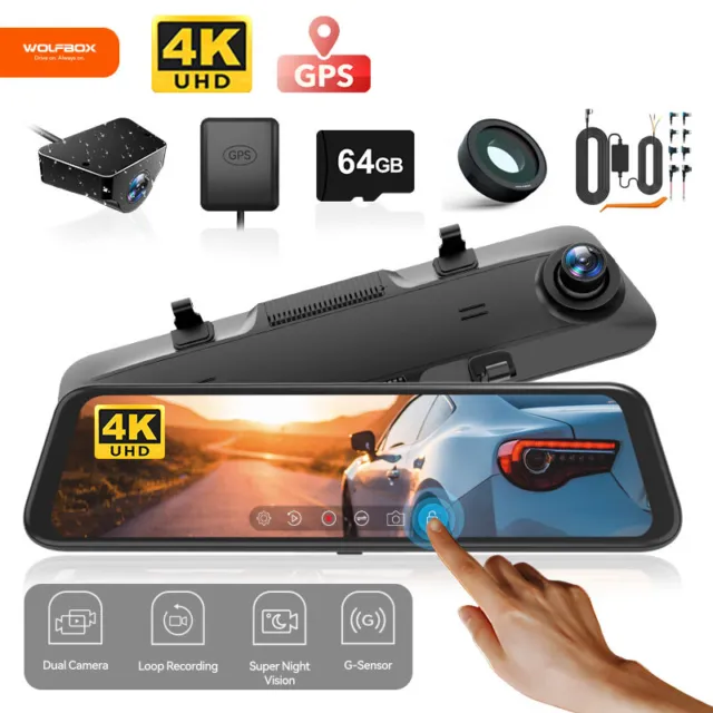 WOLFBOX 4K Mirror Dash Cam Front and Rear Hardwire Kit,Polarizing Lens & SD Card