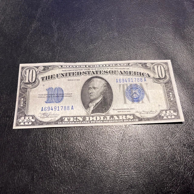 1934 Ten Dollar Bill • Silver Certificate • $10 Blue Seal Note • A69491788A