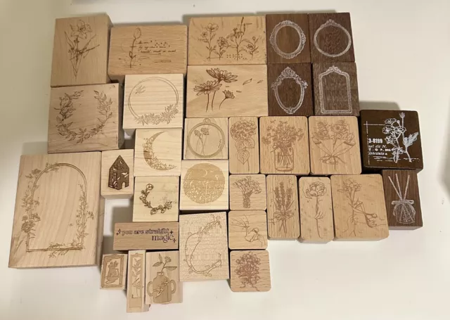 Handcrafted Custom Wood Mounted Rubber Stamp Collection - Lot of 32