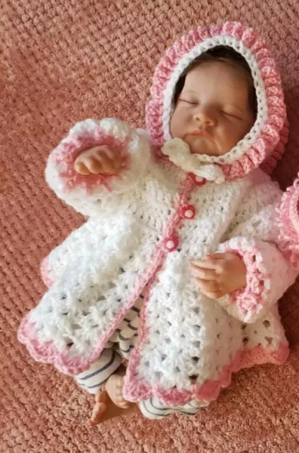 Newborn baby Girls Hand Knitted crochet hat and cardigan Pink White