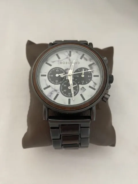 Classic Natural Ebony & Marble Bobo Bird Mens Wooden Watch