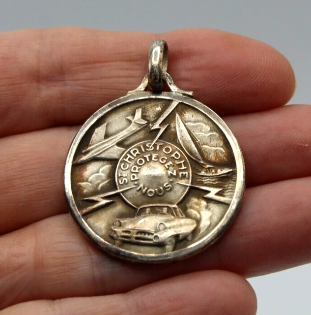 Ancienne médaille religieuse en argent St Christophe pendentif