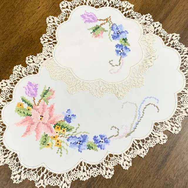 2pc  Set - Floral Hand Embroidered Cream Linen DOILIES - Crochet Edge